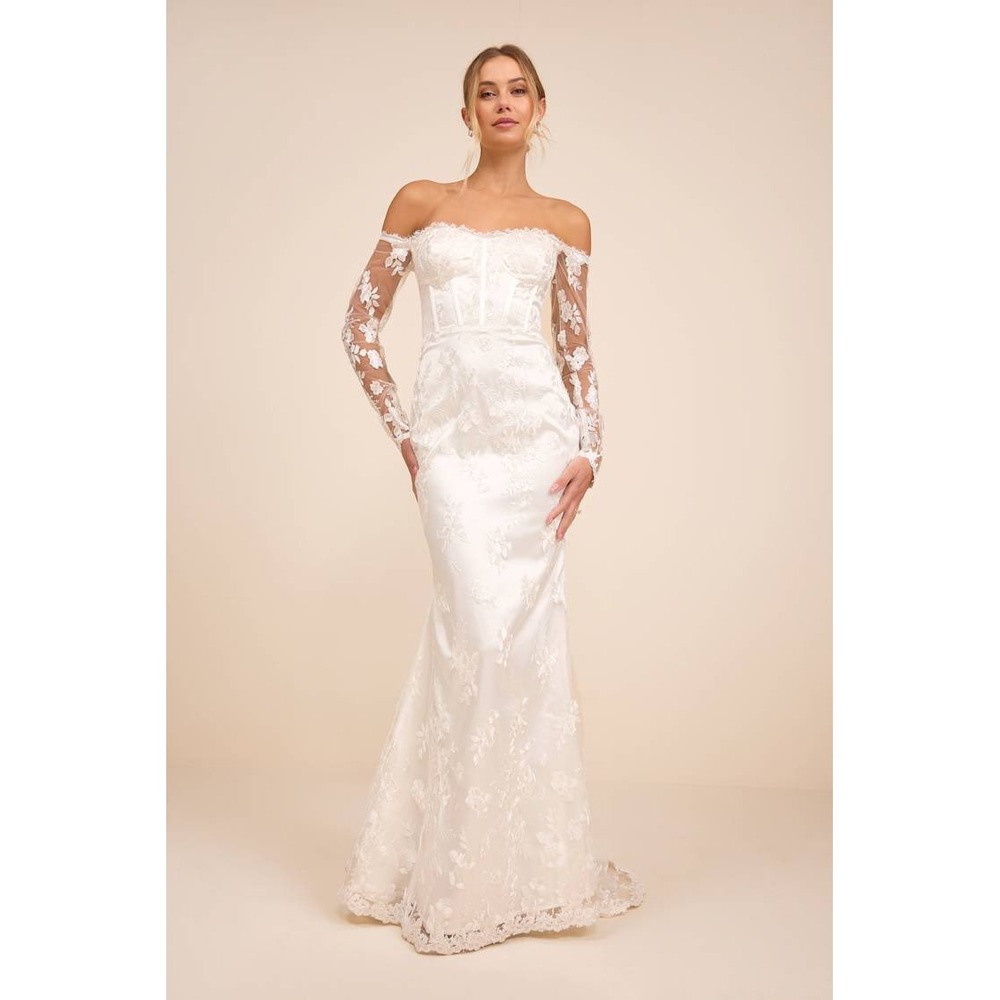 Lulus Lucina White Embroidered Bustier Long Sleeve Maxi Dress Medium - Picture 10 of 11